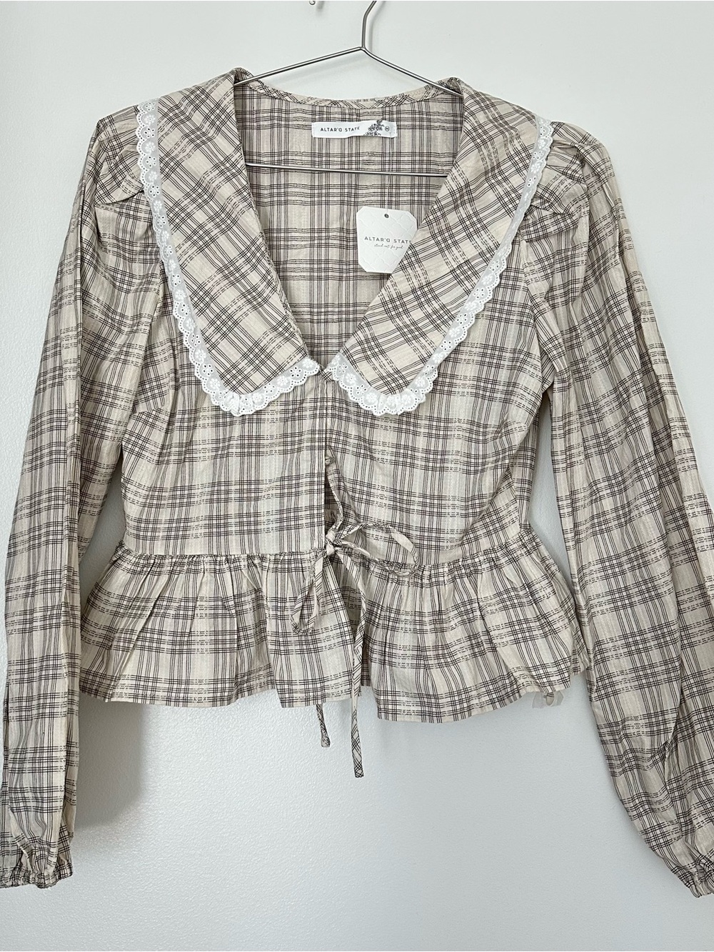 Altar'd State Plaid Lace Collar Peplum Blouse M NWT
